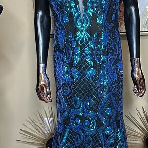 Dave & Johnny Blue and Black Sequin Prom Dress